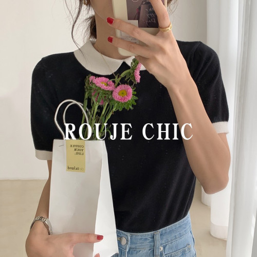 法國Rouje Chic夏季洋氣拼色娃娃領單排釦設計感短袖針織衫女t恤