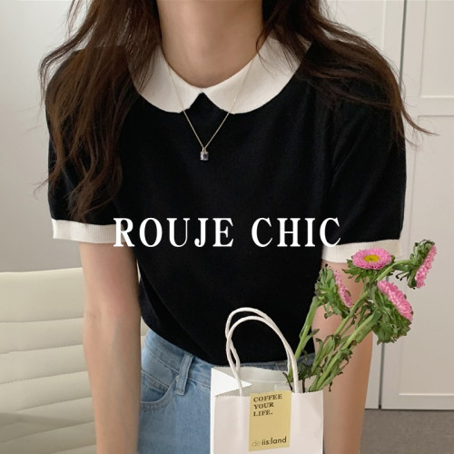 法國Rouje Chic夏季洋氣拼色娃娃領單排釦設計感短袖針織衫女t恤