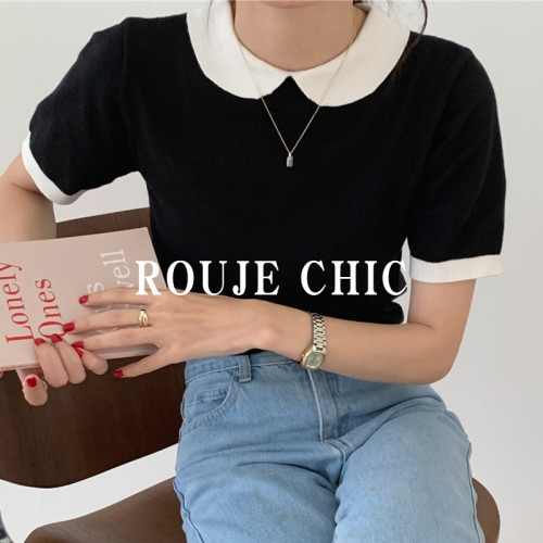 法國Rouje Chic夏季洋氣拼色娃娃領單排釦設計感短袖針織衫女t恤