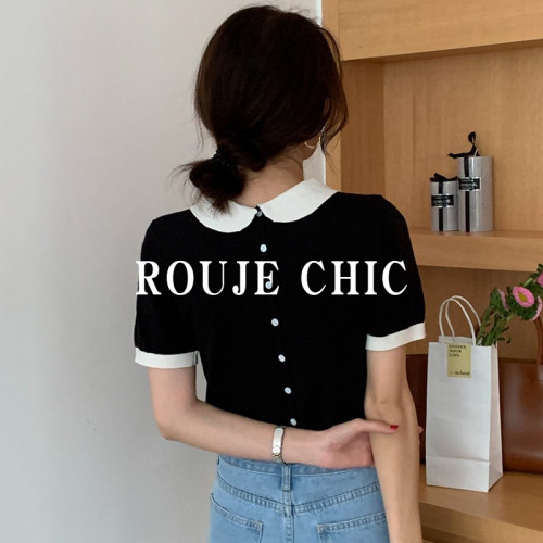 法國Rouje Chic夏季洋氣拼色娃娃領單排釦設計感短袖針織衫女t恤