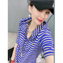 歐洲站純棉復古彈力2025夏季寬松時尚個性條紋連帽短袖女T恤上衣