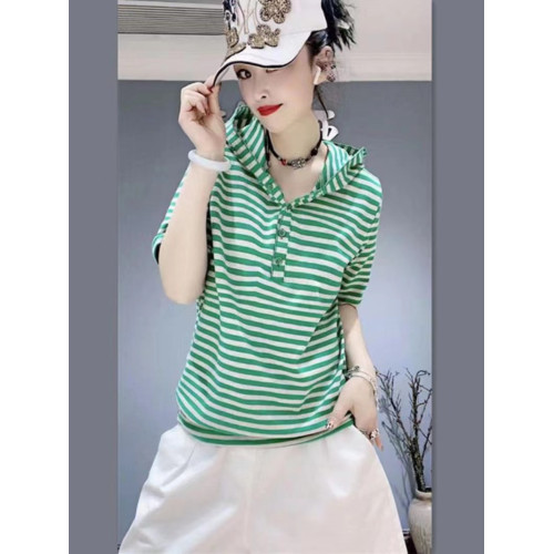 歐洲站純棉復古彈力2025夏季寬松時尚個性條紋連帽短袖女T恤上衣