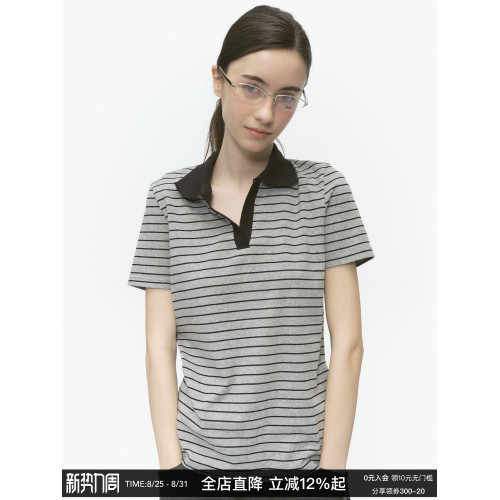 CountryMoment 220G混紡針織條紋polo衫美式復古正肩短袖女T恤夏