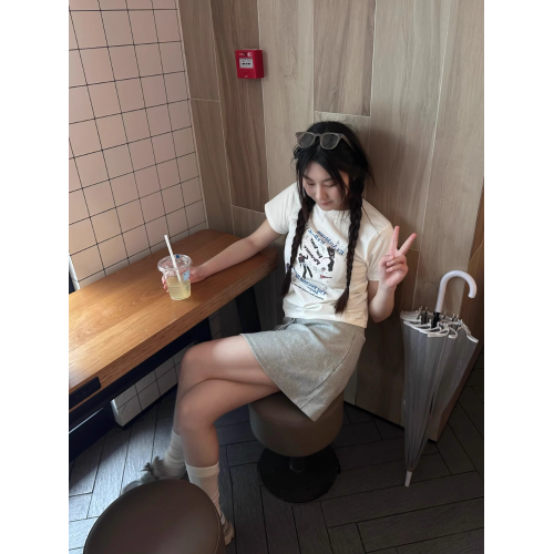 美式復古簡約字母正肩女t恤短袖修身顯瘦夏季小個子短款上衣ins潮