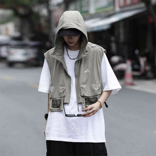 山系cityboy工裝復古戰術戶外機能口袋連帽肩半身短款拉鍊馬甲男
