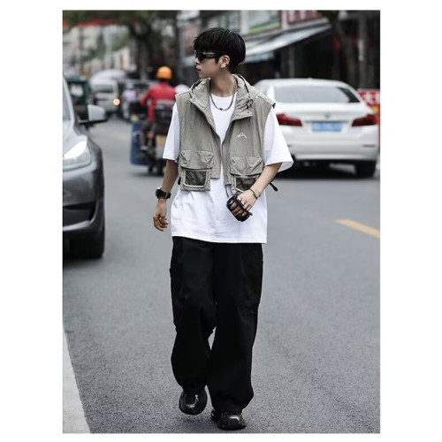 山系cityboy工裝復古戰術戶外機能口袋連帽肩半身短款拉鍊馬甲男