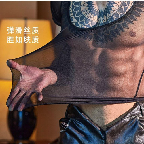 男士T恤薄透明性感透視上衣睡衣背心超高彈體育生塑身肌肉猛男