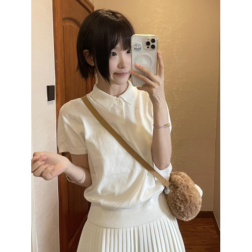 Mondis2025夏季精緻韓風八奶休閒翻領修身純棉短袖POLO衫女T恤
