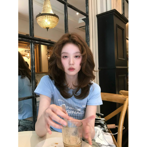 藍色短款辣妹風字母印花短袖女t恤2025新款正肩圓領修身顯瘦上衣