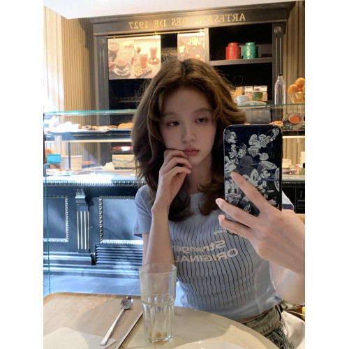 藍色短款辣妹風字母印花短袖女t恤2025新款正肩圓領修身顯瘦上衣