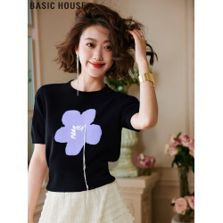 Basic House/百家好黑色圓領刺綉短袖女T恤2025夏季新款冰絲上衣