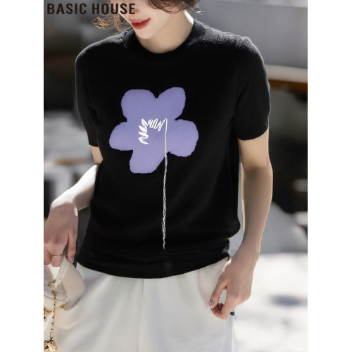 Basic House/百家好黑色圓領刺綉短袖女T恤2025夏季新款冰絲上衣