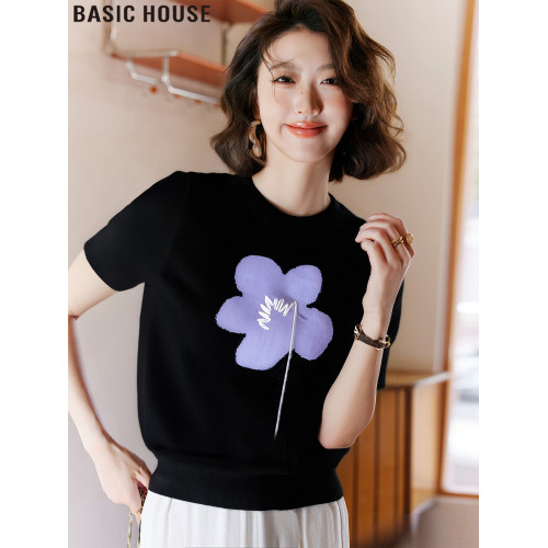 Basic House/百家好黑色圓領刺綉短袖女T恤2025夏季新款冰絲上衣