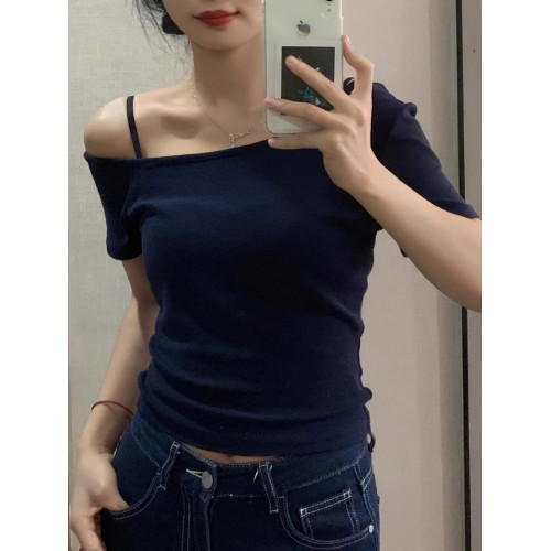 斜露肩設計感短袖女T恤夏季新款修身收腰露鎖骨小衆獨特別致上衣