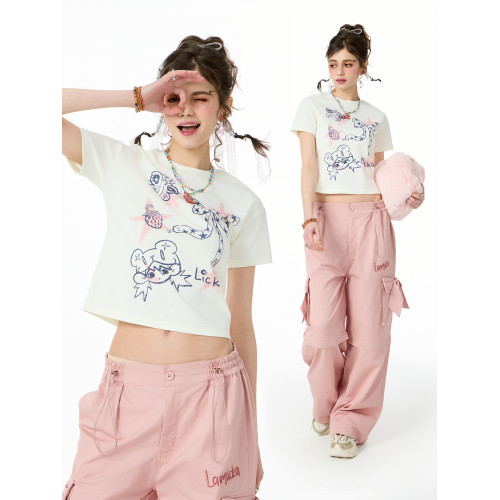 LICKA GIRL插畫印花短款圓領短袖女t恤夏修身百搭潮牌甜美風上衣