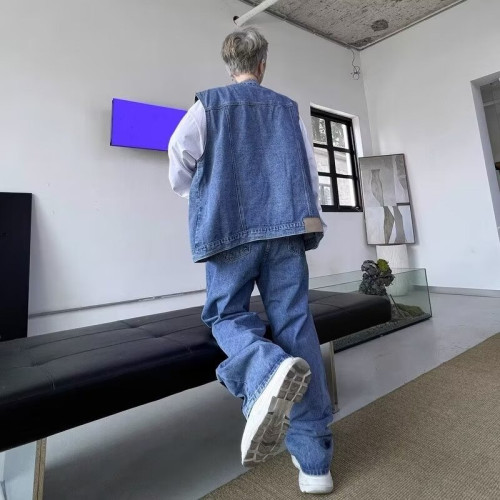 撞色設計感牛仔馬甲外套濶腿直筒長褲痞帥炸街頭搭配套裝男高級感