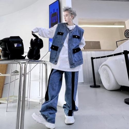撞色設計感牛仔馬甲外套濶腿直筒長褲痞帥炸街頭搭配套裝男高級感
