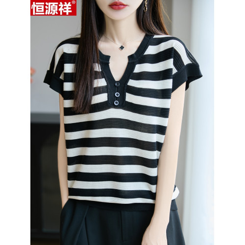 恒源祥純桑蠶絲短袖女T恤夏季新款寬松V領針織衫上衣條紋百搭真絲