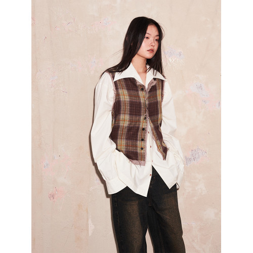 SAME FLOW 原創設計感雙層面料拼接小衆松弛感復古撞色格子馬甲