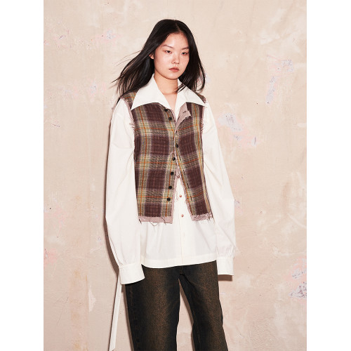 SAME FLOW 原創設計感雙層面料拼接小衆松弛感復古撞色格子馬甲