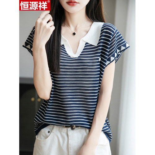 恒源祥桑蠶絲短袖女T恤夏季新款寬松翻領針織衫上衣時尚條紋真絲