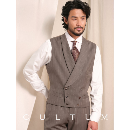 【澳洲羊毛】CULTUM復古銀行家竪條紋青果領雙排釦婚禮西服馬甲男