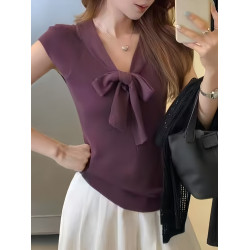 美式復古灰色V領正肩女t恤夏季設計感小衆修身顯瘦百搭短袖針織衣
