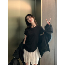 正肩短袖女t恤夏白色內搭小個子圓領韓系顯瘦百搭黑色打底上衣