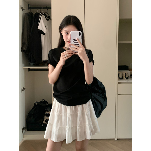 正肩短袖女t恤夏白色內搭小個子圓領韓系顯瘦百搭黑色打底上衣