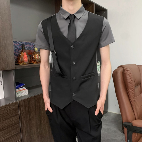 娛樂會所KTV服務員工作服假馬甲短袖襯衫男髮型師酒吧台球廳工裝