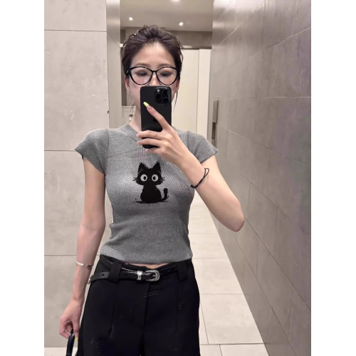 灰色針織正肩短袖女T恤2025新款夏季小個子純欲印花修身顯瘦上衣