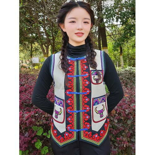 民族特色綉花尖角馬甲紅花邊馬夾男女同款馬褂帆布牛頭十三妹馬夾