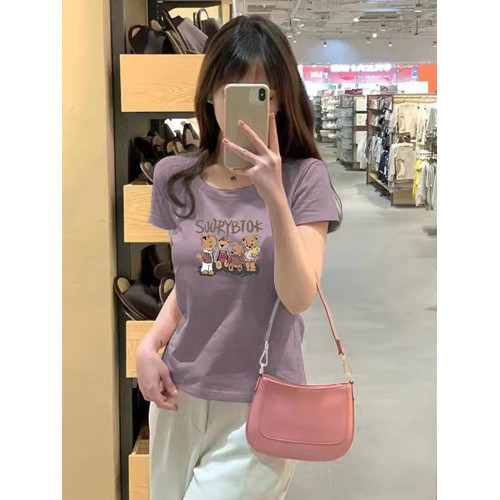 紫色正肩短袖t恤女2025新款好看獨特漂亮高級設計感修身小衆上衣