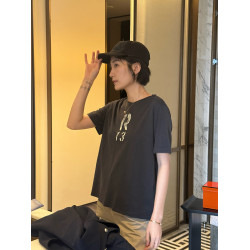 浪清 深灰色純棉印花短袖女t恤2025新款夏季圓領獨特漂亮正肩上衣