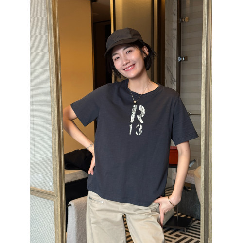 浪清 深灰色純棉印花短袖女t恤2025新款夏季圓領獨特漂亮正肩上衣