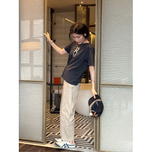 浪清 深灰色純棉印花短袖女t恤2025新款夏季圓領獨特漂亮正肩上衣