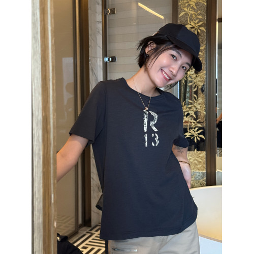 浪清 深灰色純棉印花短袖女t恤2025新款夏季圓領獨特漂亮正肩上衣
