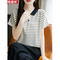 恒源祥桑蠶絲短袖女T恤夏季新款寬松翻領針織衫上衣條紋拼色真絲