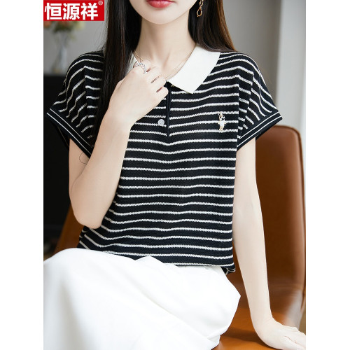 恒源祥桑蠶絲短袖女T恤夏季新款寬松翻領針織衫上衣條紋拼色真絲