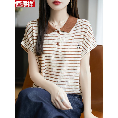 恒源祥桑蠶絲短袖女T恤夏季新款寬松翻領針織衫上衣條紋拼色真絲