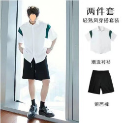 小紅書男生穿搭夏季日系復古馬甲套裝男士輕熟風短袖工裝襯衫外套