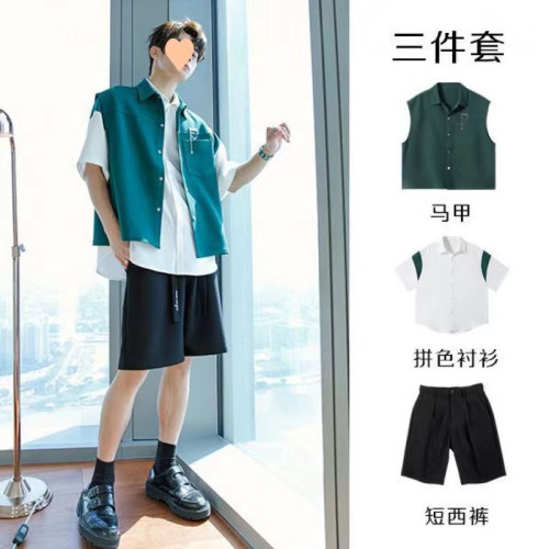小紅書男生穿搭夏季日系復古馬甲套裝男士輕熟風短袖工裝襯衫外套