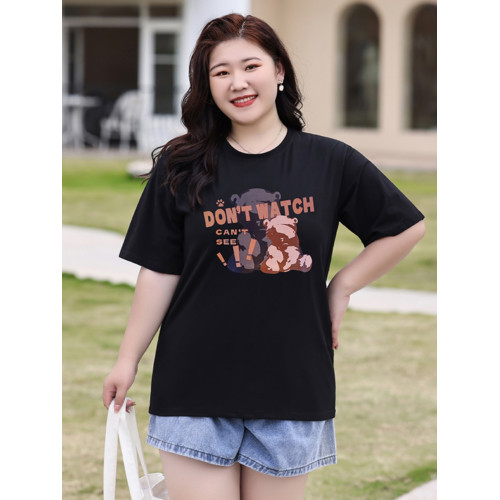 純黑色短袖卡通印花寬松加肥加大碼顯瘦胖妹妹休閒百搭圓領女T恤
