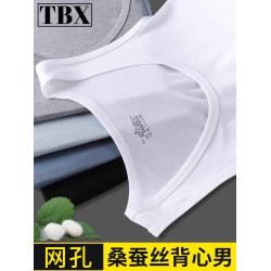 桑蠶絲背心男士夏季2025新款運動健身白色坎肩冰絲無袖t恤男款薄