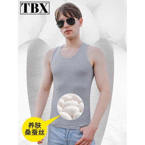 桑蠶絲背心男士夏季2025新款運動健身白色坎肩冰絲無袖t恤男款薄