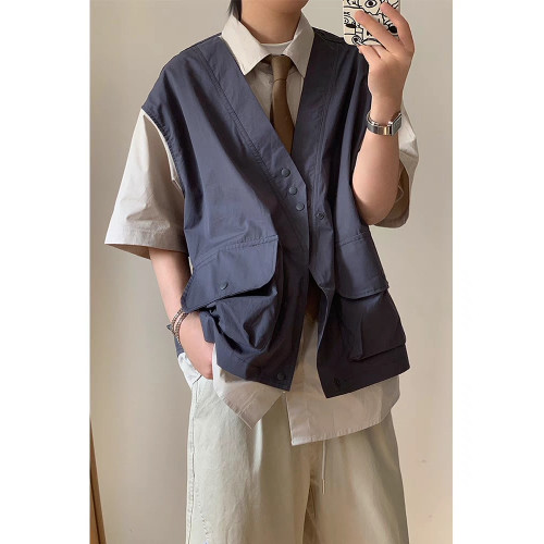日系cityboy復古撞色假兩件馬甲短袖襯衫男女夏季工裝襯衣潮