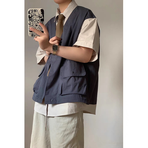 日系cityboy復古撞色假兩件馬甲短袖襯衫男女夏季工裝襯衣潮