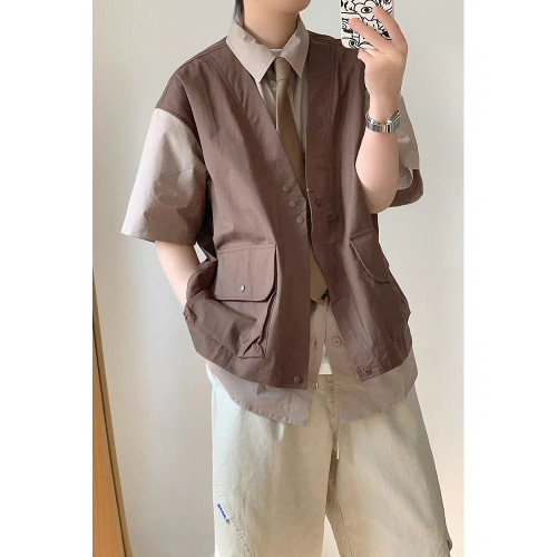 日系cityboy復古撞色假兩件馬甲短袖襯衫男女夏季工裝襯衣潮