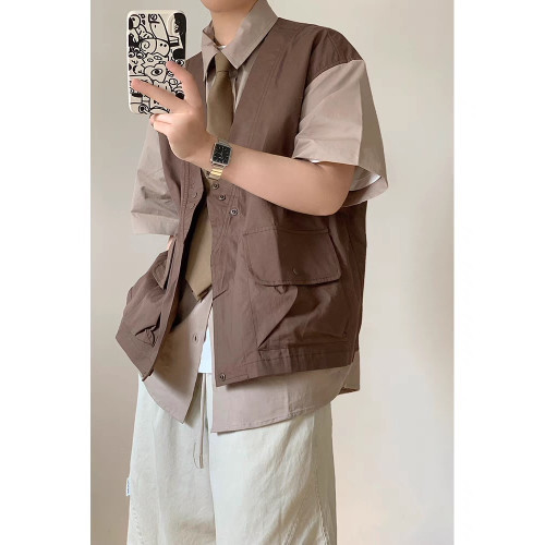 日系cityboy復古撞色假兩件馬甲短袖襯衫男女夏季工裝襯衣潮