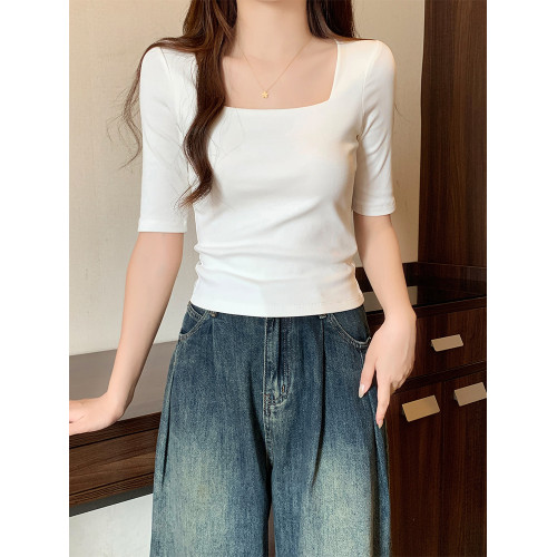 白色純棉方領中袖打底衫女2025新款春秋內搭修身五七分袖上衣t恤